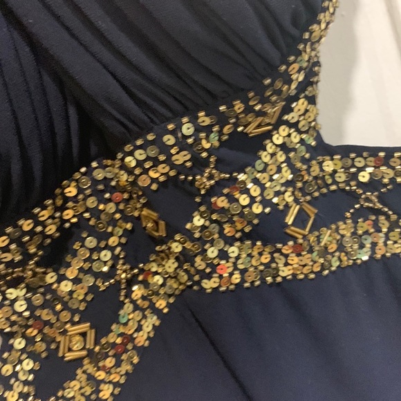 Laura Luxurious Dark Blue Long Dress Open Back with Gold Crystals - Picture 7 of 13